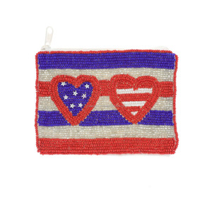 Pochette Cœur Brodé Fait Main Drapeau Américain Perles Rouge Blanc Bleu Sac à Fermeture Éclair en Verre Unisexe Portable Vente en Gros Patriotique - Product Image 1