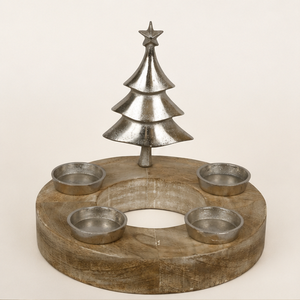 Handcrafted Mango Wood Advent Wreath With 4 Tealight Holders And Silver Metal Christmas Tree Sculpture Elegant Modern Holiday - Product Image 6