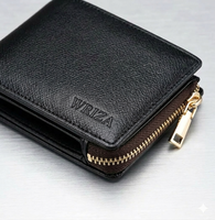Dompet Kulit Asli Pria Model Bifold Pendek Warna Coklat Anti RFID, Dapat Disesuaikan Secara Grosir, Lapisan Poliester, Gaya Fashion, Banyak Kantong