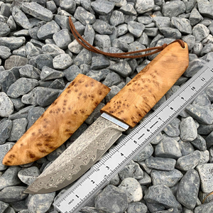 Cuchillo de Damasco Hecho a Mano con Mango de Madera Burl y Funda de Madera a Juego, Artículo Premium para Exteriores y Coleccionistas, Set de Cuchillos de Supervivencia - Product Image 5