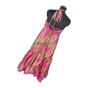 Vestido Bohemio Ligero de Seda Sari India para Mujer, Vestido de Tela Sari, Elegante Vestido de Noche sin Mangas para Mujer - Product Image 3