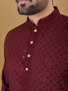 DESIGNER COTTON EMBROIDERY WITH SEQUENCE WORK <b>MENS</b> <b>KURTA</b> PAJAMA MAROON 72232 - Product Image 2