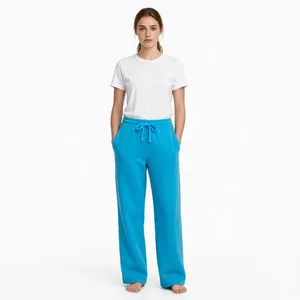 <b>Women</b> Cyan Wide Leg Sweatpants High Waist Drawstring <b>Lounge</b> <b>Pants</b> Relaxed Fit Soft Casual Trousers Custom Colors Sizes Logo OEM - Product Image 1