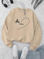 Sweat-shirt décontracté pour femme, beige, col rond, manches longues, épaules tombantes, imprimé lettres et cœurs
