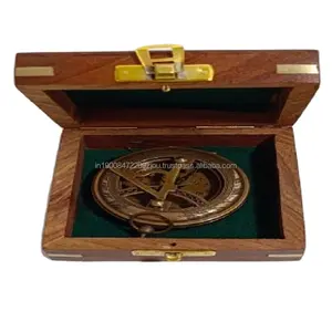 Nautical Nickle Compass Beautiful Brass Sundial Sun Clock use Office Purpose Weight 300 gm Compass Push Button with Wooden Box