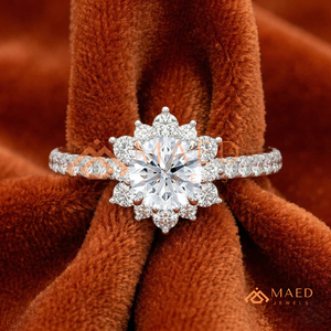 <b>Silver</b> Round Cut Floral Halo <b>Ring</b> – Vintage-Inspired Starburst Statement Brilliant <b>Silver</b> Sunburst <b>Solitaire</b> – Lab-Diamond - Product Image 1