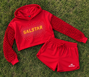 SALSTAR Women's Cropped <b>Hoodie</b> <b>Red</b> Mesh Lantern Sleeve Sequined Logo Sweatshirt Summer Casual Wear - Product Image 6