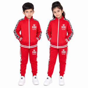 Ensemble de survêtement rouge pour enfants RBI, manches longues, fermeture éclair, style sportif, avec poches latérales et logo imprimé par transfert thermique - Product Image 1