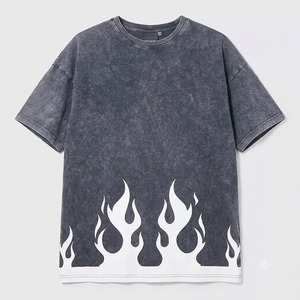 Short Sleeves Men's T-<b>Shirt</b> <b>Flame</b> Print Acid Washed 100% Cotton Street Wear Casual O-Neck Jersey Knitted Breathable 180g - Product Image 1