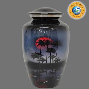 Linea Exports Inc Cremation Urn Black Adult <b>Memorial</b> <b>Vase</b> With Sunset And Palm Tree Design Customizable Artistic Pattern - Product Image 1
