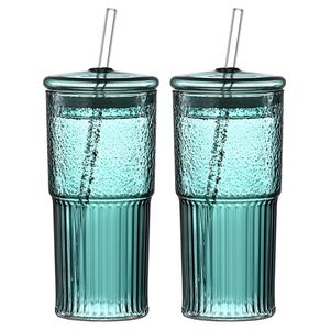 Lot de 2 verres à paille en verre vert de 20 oz avec motif vertical, en borosilicate haute résistance, pour jus/lait, avec couvercle, verrerie - Product Image 1