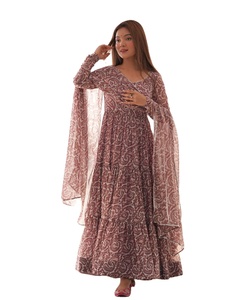 Ropa étnica atractiva inspirada en Bollywood, vestido Anarkali con volantes completos de Georgette para mujer y Ropa para Niñas - Product Image 1