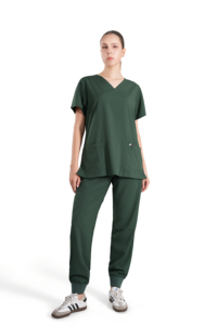 Women's Green Scrub Set V-Neck <b>Top</b> With Pockets And Jogger Pants Hospital Uniforms Woven Fabric Cotton Polyester - Product Image 5