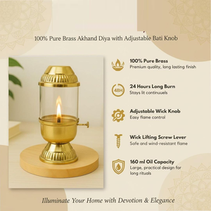 Lámpara de aceite Akhand Diya 100% de latón puro, ecológica y duradera, hecha a mano, con perilla Bati ajustable, palanca de elevación de mecha y cubierta de vidrio - Product Image 2
