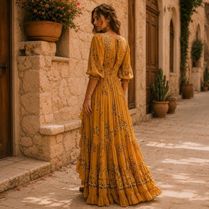 Vestido Maxi Bohemio para Mujer, Floral, Sólido, Antipilling, Transpirable, Antiarrugas, Tejido, Informal, de Verano - Product Image 3