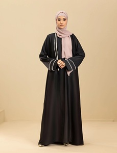 Conjunto de Abaya Informal para Mujeres Musulmanas, Ligero, Transpirable, de Poliéster, Moderno, para Uso Diario, Color Negro, Textura Nida, con Cuentas, Corte Holgado - Product Image 1