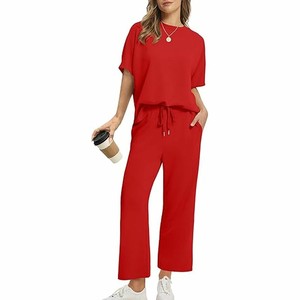 Women Red Knitted Casual Two Piece Set O-Neck Short Sleeve Loose <b>Top</b> Wide Leg Pants Solid Color Breathable All Seasons Wear OEM - Product Image 2