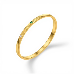 18K <b>Solid</b> <b>Gold</b> Modern Minimal <b>Bangle</b> with Emerald and Diamond Accents Elegant Fine Jewelry for Women - Product Image 1