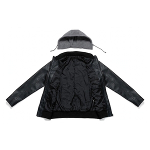 Men's Black <b>Hooded</b> Genuine Leather Windproof Winter <b>Jacket</b> with <b>Fur</b> Trim Polyester Lining Color Blocking Zip-Up Closure - Product Image 4