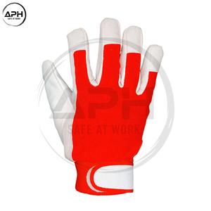 Gants de travail confortables en cuir blanc avec paume jaune et rouge, dos respirant, pour mécaniciens, ateliers de construction - Product Image 5