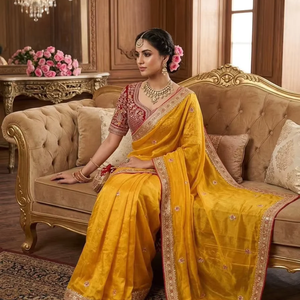 Sari en soie premium avec magnifique broderie multisequencée sur toute la bordure du sari, inspiré des Sabyasachi de luxe - Product Image 1