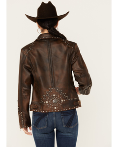 Womens Genuine Sheep <b>Leather</b> Studded Western <b>Jacket</b> Distressed Brown Real Lambskin Biker Vintage Zip Up Wholesale - Product Image 4