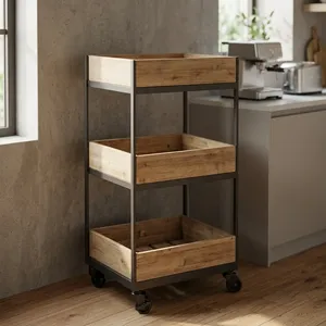 Mango Wood Durable 3 Tier <b>Storage</b> <b>Cart</b> with Wheels Space Saving Organizer for Kitchen Living Room Bathroom Outdoor & Hotel Use - Product Image 1