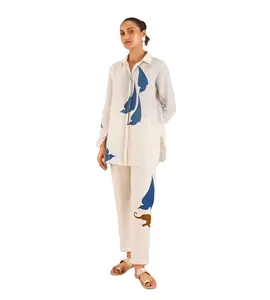 Nhà Máy Giá cổ điển Linen của phụ nữ co ORD Set Áo Sơ Mi Phong Cách Top + Pajama PANT trang phục