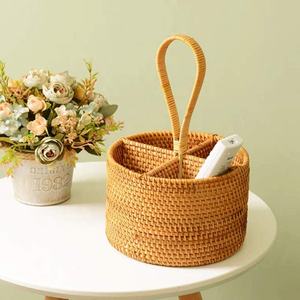 Handwoven Rattan Caddy with 4 Divided Compartments - Desktop Organizer Basket with <b>Tall</b> Handle for Household <b>Storage</b> - Product Image 5
