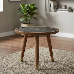 Ronde houten rieten tafel met messingpootjes, handgemaakt rustiek meubilair voor woonkamer, slaapkamer en entree. - Product Image 4