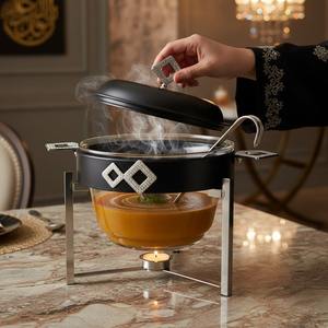 Plat de service de luxe en verre, chauffe-plats de buffet en acier inoxydable, rond, ovale, double, soupière, avec support doré ou argenté pour hôtel - Product Image 2