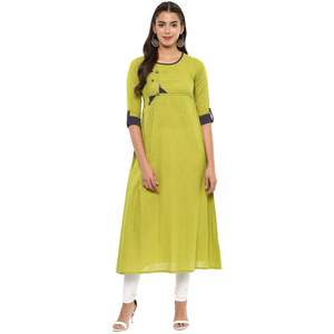 Womens Green Cotton Slub Patch Work A Line Kurta With Round Neck <b>Three</b> Fourth Sleeves Designed For Global Ethnic Casual Wear - Product Image 1