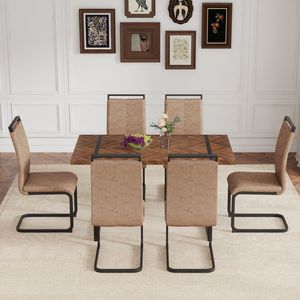 <b>Retro</b> Rectangular <b>Dining</b> <b>Table</b> Set with Fishbone Patterned MDF Desktop Black Metal Legs 6 Chairs-for Your <b>Dining</b> Room - Product Image 3