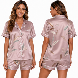 Ensemble de pyjama à manches courtes pour femmes, imprimé marguerite rose, avec col rabattu, fermeture à boutons, vêtements de nuit d'été - Product Image 5