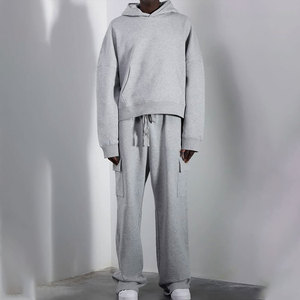Survêtement à capuche pour hommes grande taille, gris uni, décontracté, sweat-shirt long avec poches latérales, taille élastique, coupe ample, vêtements d'automne - Product Image 1