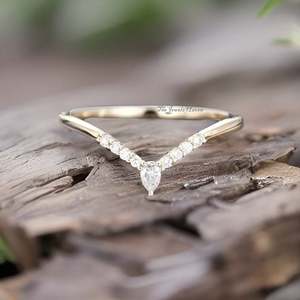 Pear Cut V Shaped <b>CZ</b> Stacking Diamond Unisex Curved wedding band yellow gold Pear Diamond Wedding Band Half Eternity <b>Ring</b> - Product Image 3