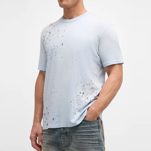 เสื้อยืดคอกลมแขนสั้นผ้าฝ้ายทรงลำลองสำหรับผู้ชาย ระบายอากาศได้ดี สไตล์สตรีทแวร์ ลุคฟอร์มอล ล้างสีแบบแอซิดวอช ทำสีซีดแบบซันเฟด ดีไซน์ดิสเทรส - Product Image 6