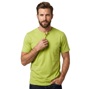 <b>Men's</b> Green Short Sleeve <b>Henley</b> T-Shirt With Pocket Regular Fit Casual Cotton <b>Top</b> - Product Image 3