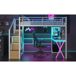 Letto a soppalco in metallo bianco a grandezza naturale con LED, postazione di lavoro integrata, armadio e scala contenitore - Set di mobili per bambini - Product Image 6