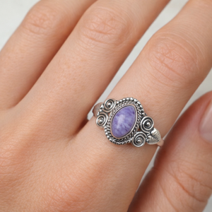 Anillo Boho Vintage Hecho a Mano con Cabujón Marquise de Charoita Natural y Plata de Ley 925, Joyería para Mujer y Unisex - Product Image 3
