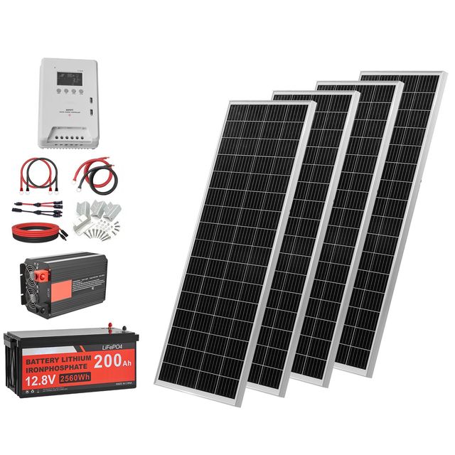 Complete 400W 12V Solar Power Kit 4X 100W Monocrystalline Panels 12.8V 200Ah LiFePO4 Battery 40A MPPT Charge Controller Model