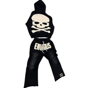 Chándal desgastado con lavado ácido de color sólido con estilo para hombre Par de pantalones holgados y Sudadera con capucha con bolsillos Gothic para Vogue Look - Product Image 6