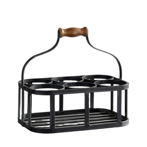 Porte-bouteilles en fil d'acier thermolaqué style vintage, support de table en métal pour 6 bouteilles avec poignée en bois, organisateur de rangement - Product Image 1