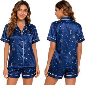 Women's Geometric Print Short Sleeve Pajama <b>Set</b> With Turn-down Collar And Button Closure Summer Sleepwear - Product Image 4
