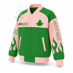 อัลฟ่า |   คาปา |   เสื้อแจ็คเก็ตวาร์ซิตี้สำหรับผู้หญิง Alpha Sorority สีเขียวชมพู ติดกระดุมแบบ Snap  ทรงมอเตอร์ไซค์  ลายเปลวไฟ - Product Image 2