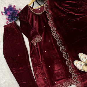 Designer Heavy Viscose Velvet 3PCS Ethnic Set with Rich Rhinestone & <b>Sequin</b> Work – Exclusive Bridal <b>Party</b> Collection - Product Image 1
