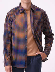Camisa a cuadros micro azul y marrón para hombre, informal, de algodón, manga larga, elegante, con botones, para oficina, cómoda. - Product Image 1