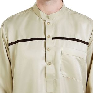 Cream Black Piping Detail <b>Thobe</b> Pure Cotton Smooth Texture Breathable Daily Islamic Traditional Wear <b>Men</b> Thobes - Product Image 4