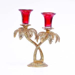 Porte-bougie en verre avec motif de palmier antique en métal plaqué or, artisanat - Product Image 1