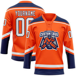 Camiseta de Hockey sobre Hielo Personalizada para Hombre, Naranja, Azul Marino y Blanco, Cuello en V, Manga Larga, Sublimada, Transpirable, con Nombre del Equipo y Capitán, para Adultos - Product Image 3